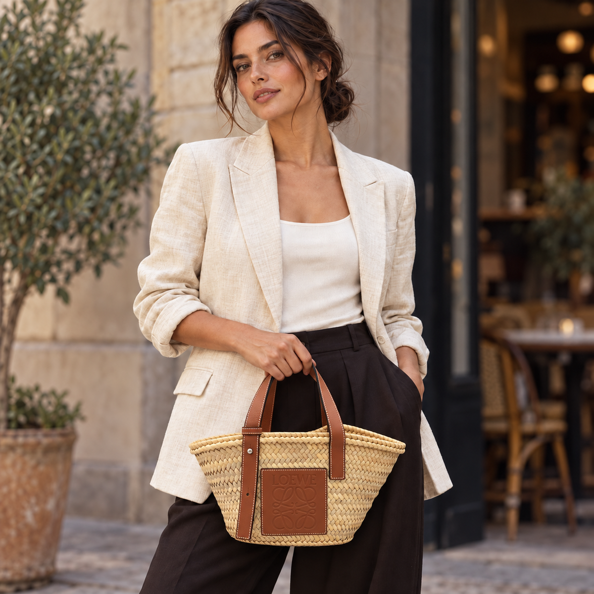 Loewe raffia basket styled with relaxed linen tailoring