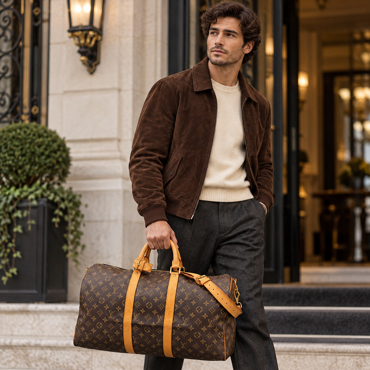Louis Vuitton Keepall Bandouliere 50 in a city travel editorial