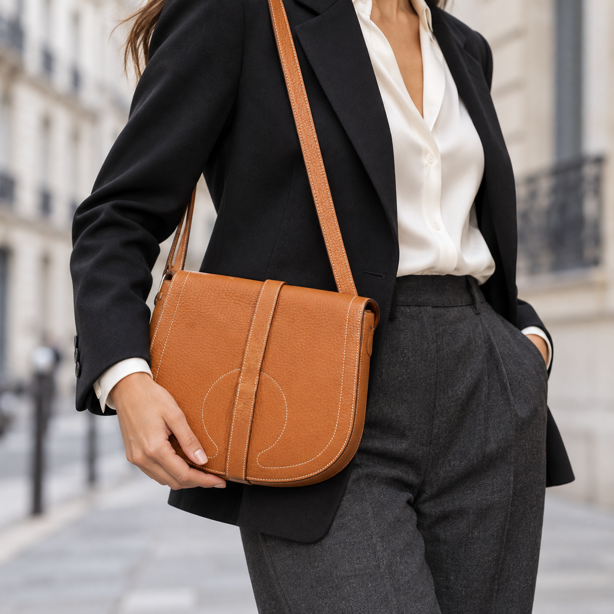 Hermes Gallopard shoulder bag worn with black tailoring
