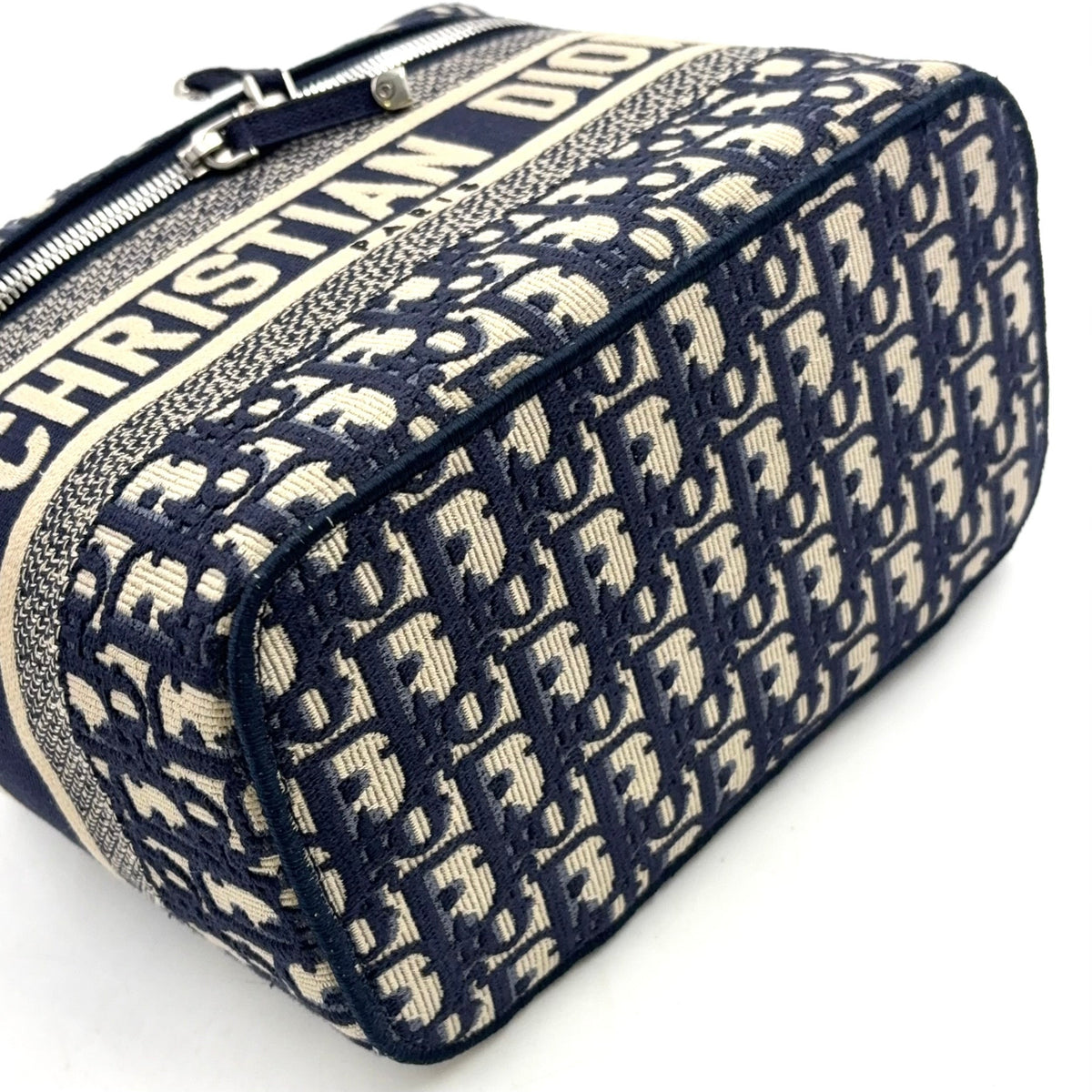 Pre-Owned DiorTravel Vanity Handbag off white Navy Cotton Silver Christian Dior