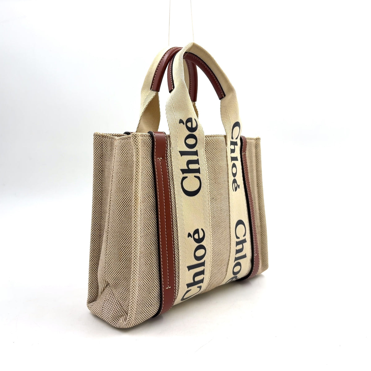 Pre-Owned Chloe Woody small tote Handbag Brown beige Leather Canvas Chloe