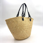 Pre-Owned anagram Medium basket tote bag black beige Leather Raffia LOEWE