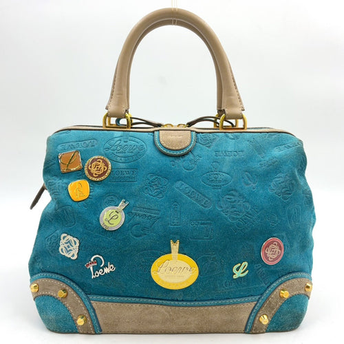 Pre-Owned 160th anniversary logo badge Suede Handbag blue Leather Suede Gold LOEWE