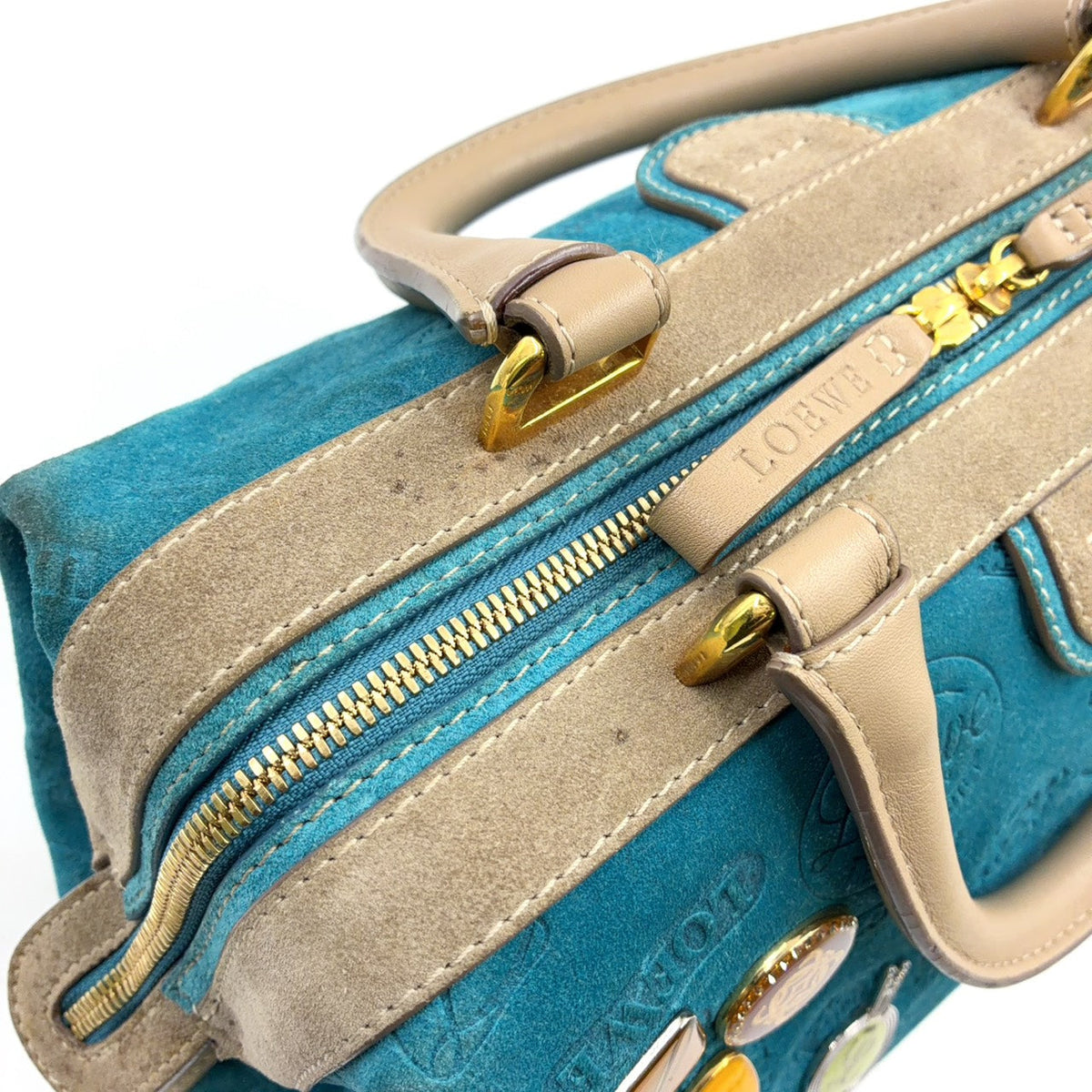 Pre-Owned 160th anniversary logo badge Suede Handbag blue Leather Suede Gold LOEWE