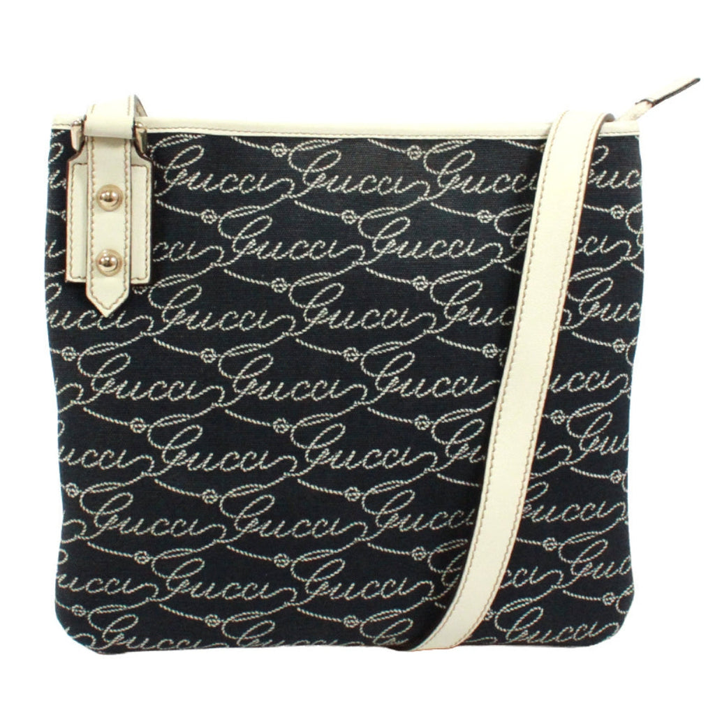 Pre-Owned flat Shoulder bag Navy white Leather Canvas Gold GUCCI
