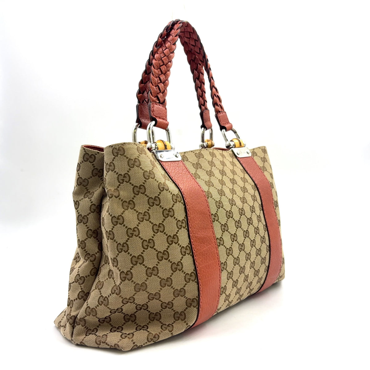 Pre-Owned Bamboo tote bag Orange brown beige Leather Canvas Silver 232947 GUCCI