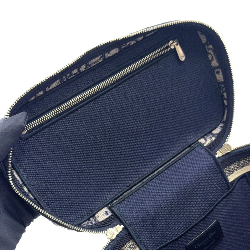 Pre-Owned DiorTravel Vanity Handbag off white Navy Cotton Silver Christian Dior