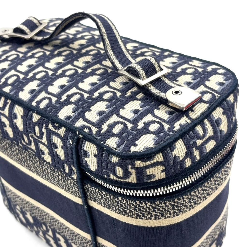 Pre-Owned DiorTravel Vanity Handbag off white Navy Cotton Silver Christian Dior