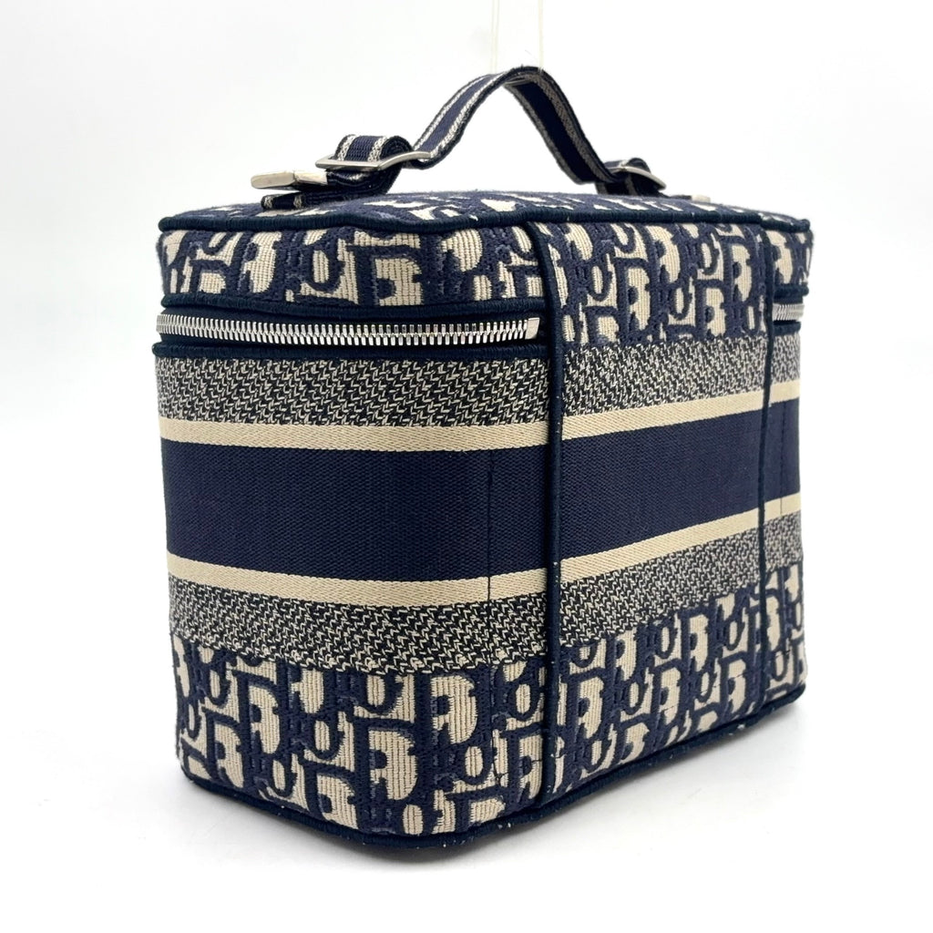 Pre-Owned DiorTravel Vanity Handbag off white Navy Cotton Silver Christian Dior