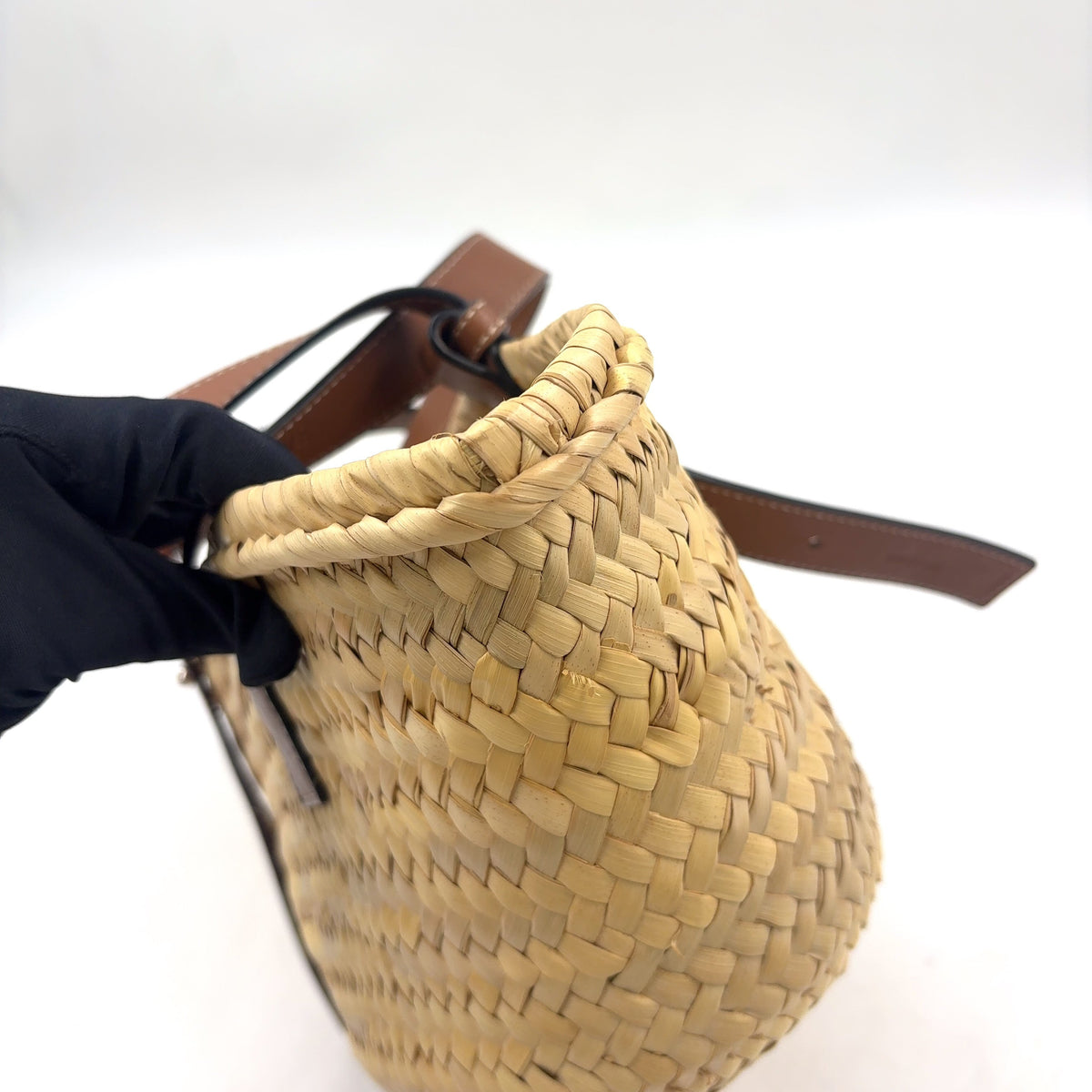Pre-Owned anagram Bucket Handbag tote bag Brown beige Leather Raffia Silver LOEWE