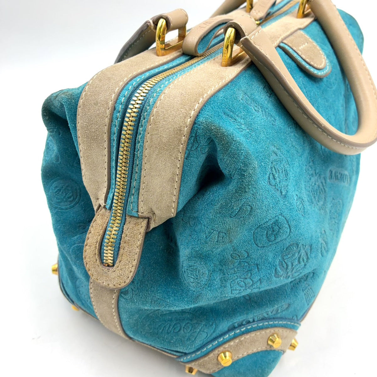 Pre-Owned 160th anniversary logo badge Suede Handbag blue Leather Suede Gold LOEWE