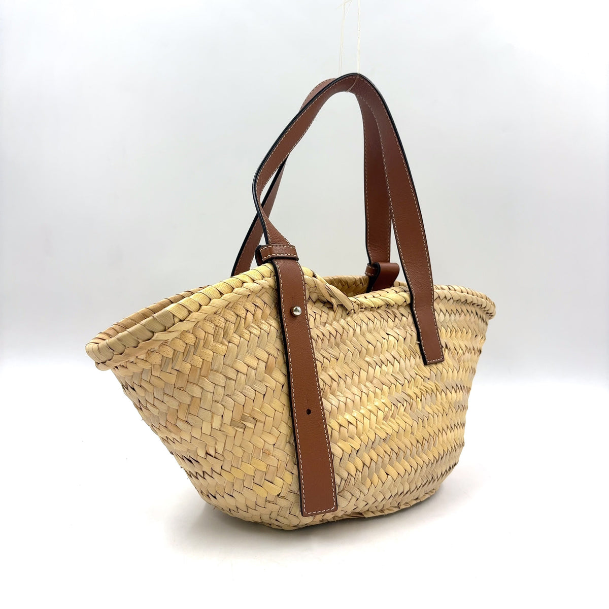 Pre-Owned anagram Bucket Handbag tote bag Brown beige Leather Raffia Silver LOEWE