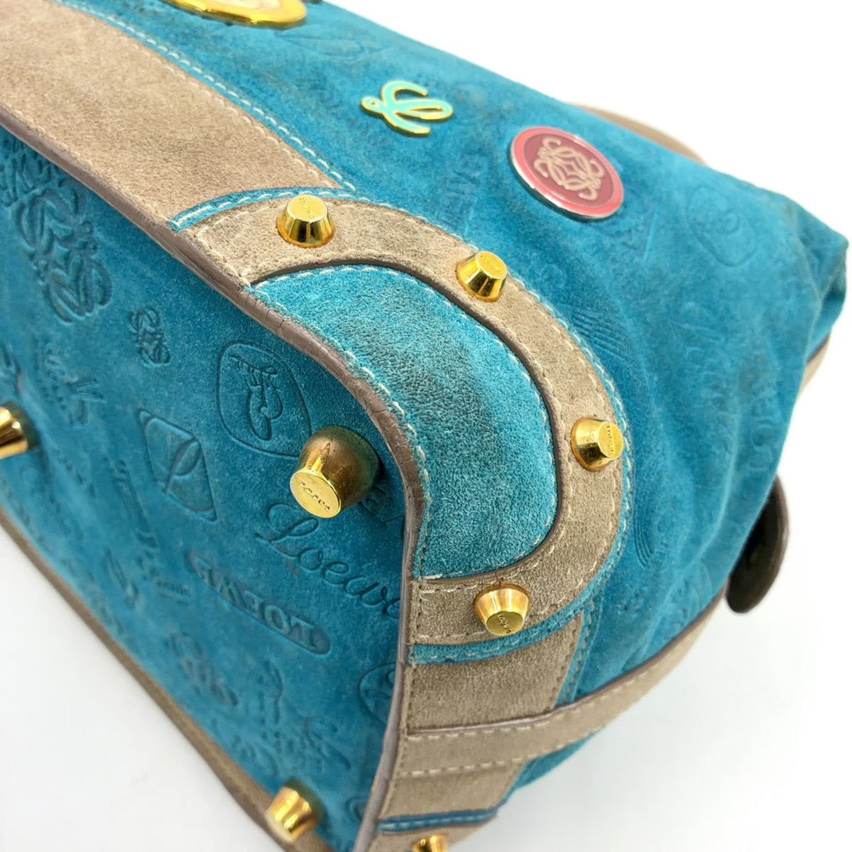 Pre-Owned 160th anniversary logo badge Suede Handbag blue Leather Suede Gold LOEWE