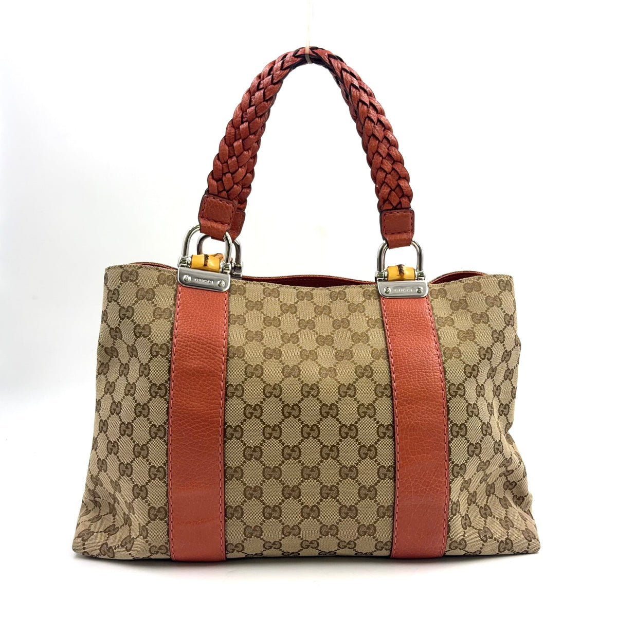 Pre-Owned Bamboo tote bag Orange brown beige Leather Canvas Silver 232947 GUCCI