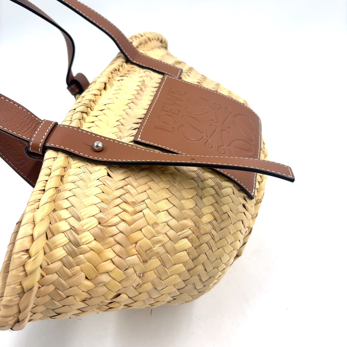 Pre-Owned anagram Bucket Handbag tote bag Brown beige Leather Raffia Silver LOEWE