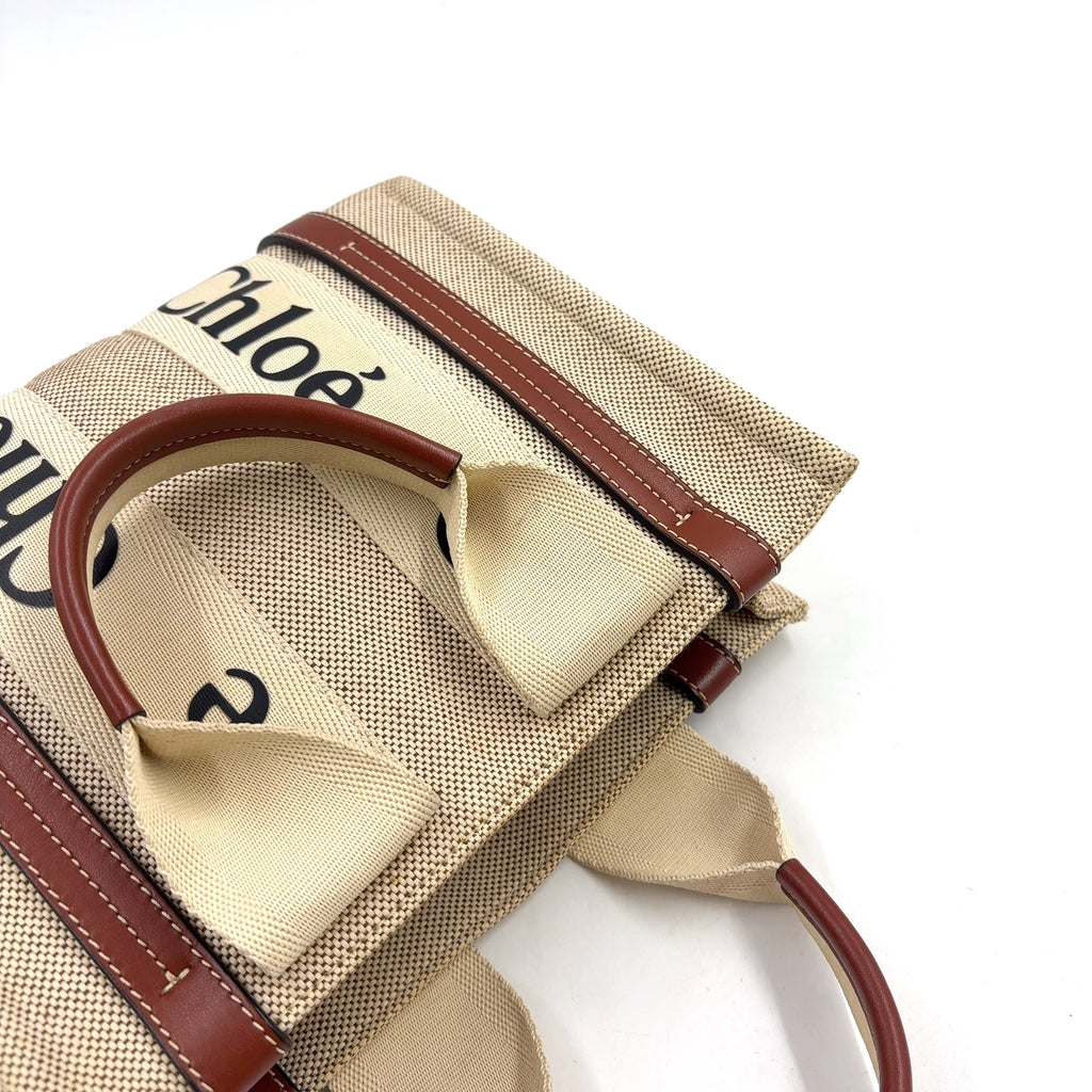 Pre-Owned Chloe Woody small tote Handbag Brown beige Leather Canvas Chloe