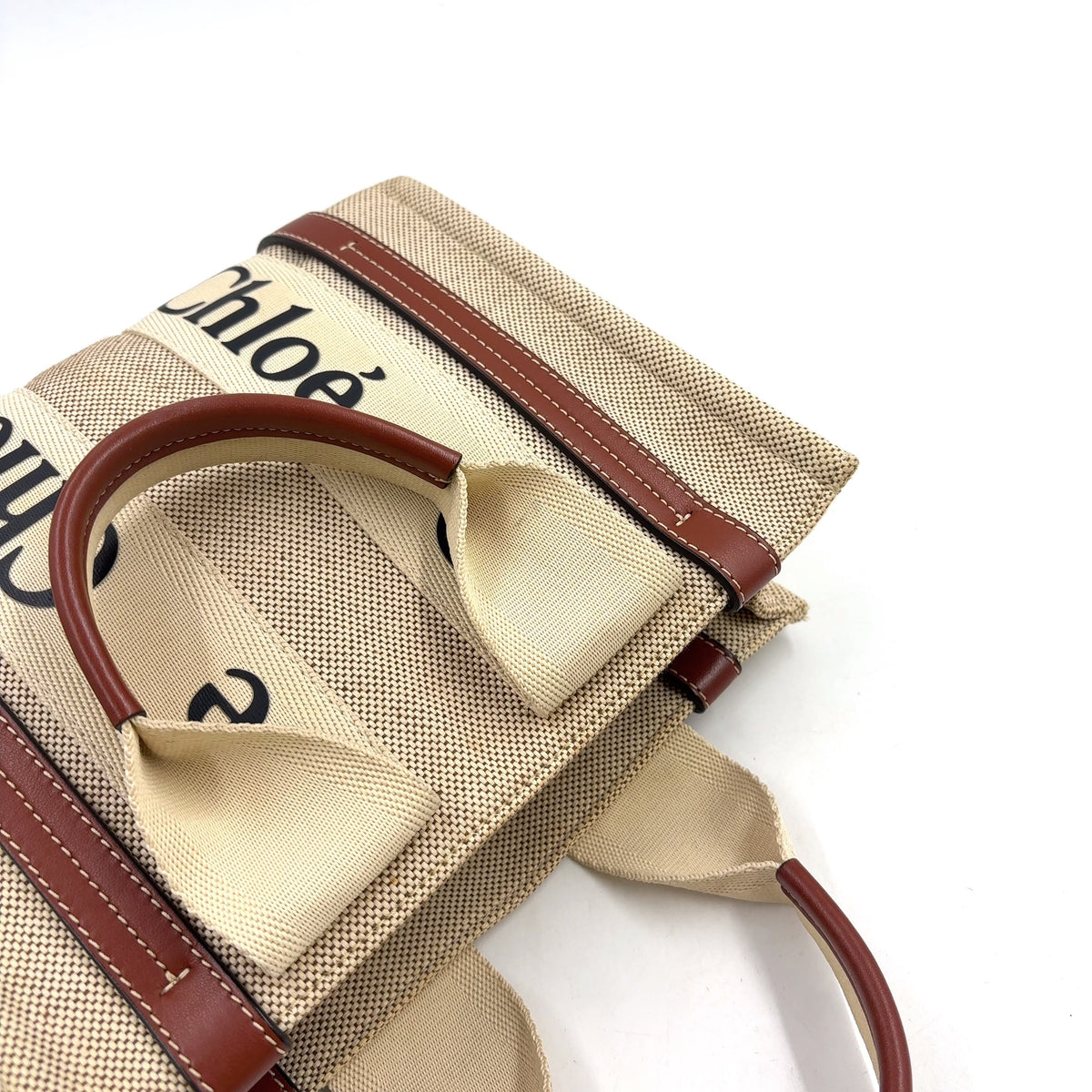 Pre-Owned Chloe Woody small tote Handbag Brown beige Leather Canvas Chloe
