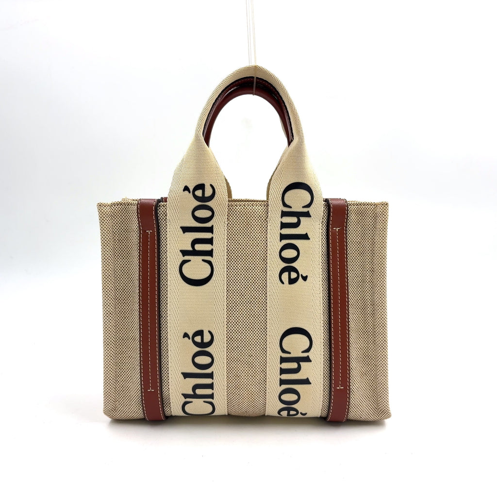 Pre-Owned Chloe Woody small tote Handbag Brown beige Leather Canvas Chloe