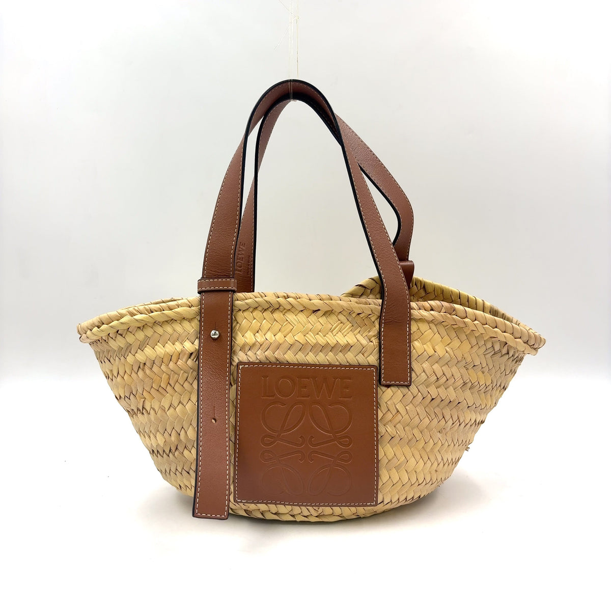 Pre-Owned anagram Bucket Handbag tote bag Brown beige Leather Raffia Silver LOEWE