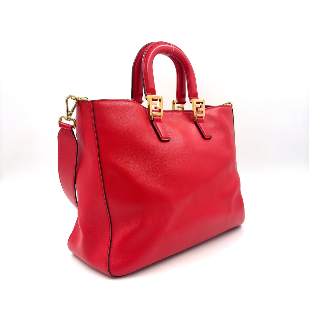 Pre-Owned FF Tote Shoulder bag Handbag Red Leather Gold FENDI