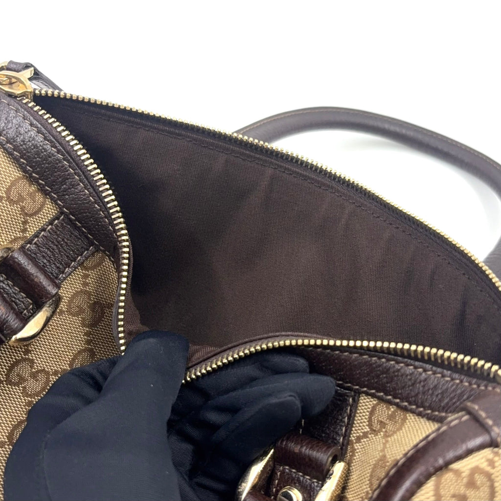 Pre-Owned Abby Handbag Dark brown beige Leather Canvas Gold 130942 GUCCI
