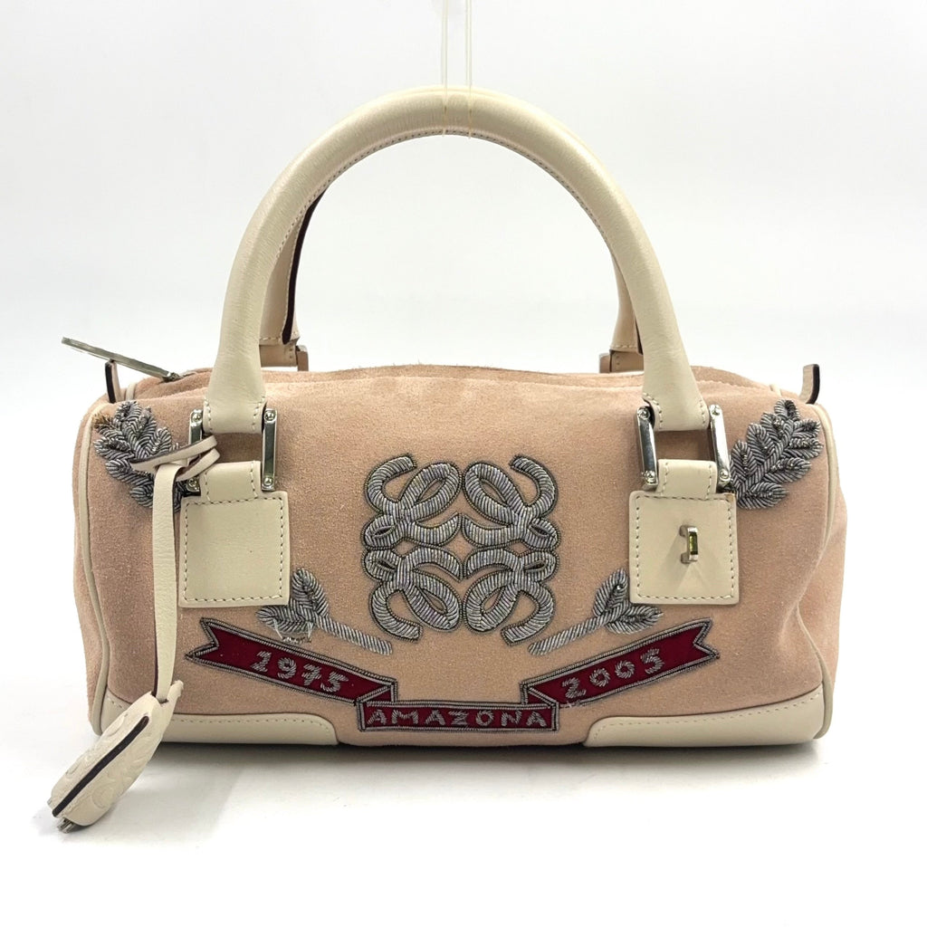 Pre-Owned Amazona Embroidered Handbag white Light pink Leather Suede Silver LOEWE