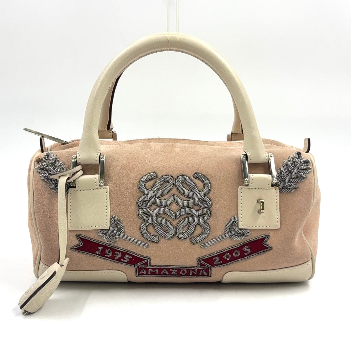 Pre-Owned Amazona Embroidered Handbag white Light pink Leather Suede Silver LOEWE