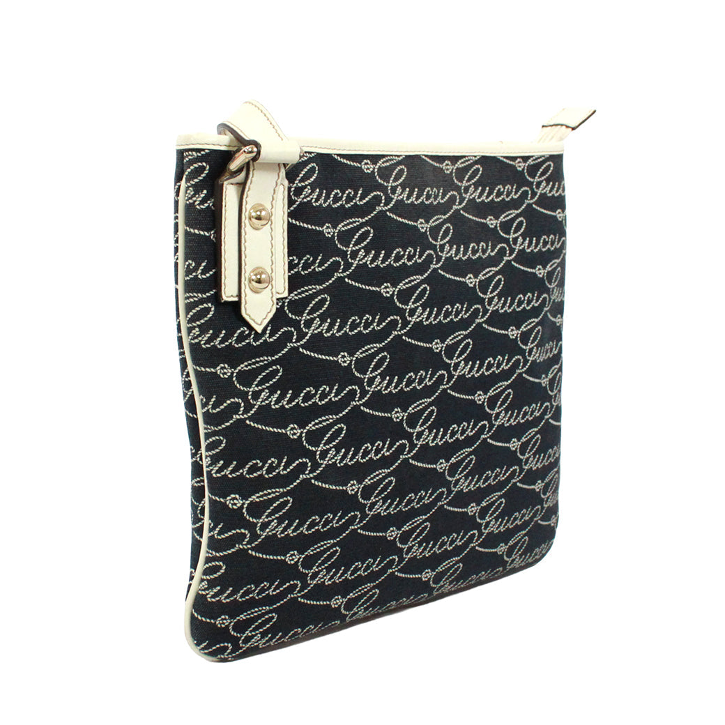 Pre-Owned flat Shoulder bag Navy white Leather Canvas Gold GUCCI