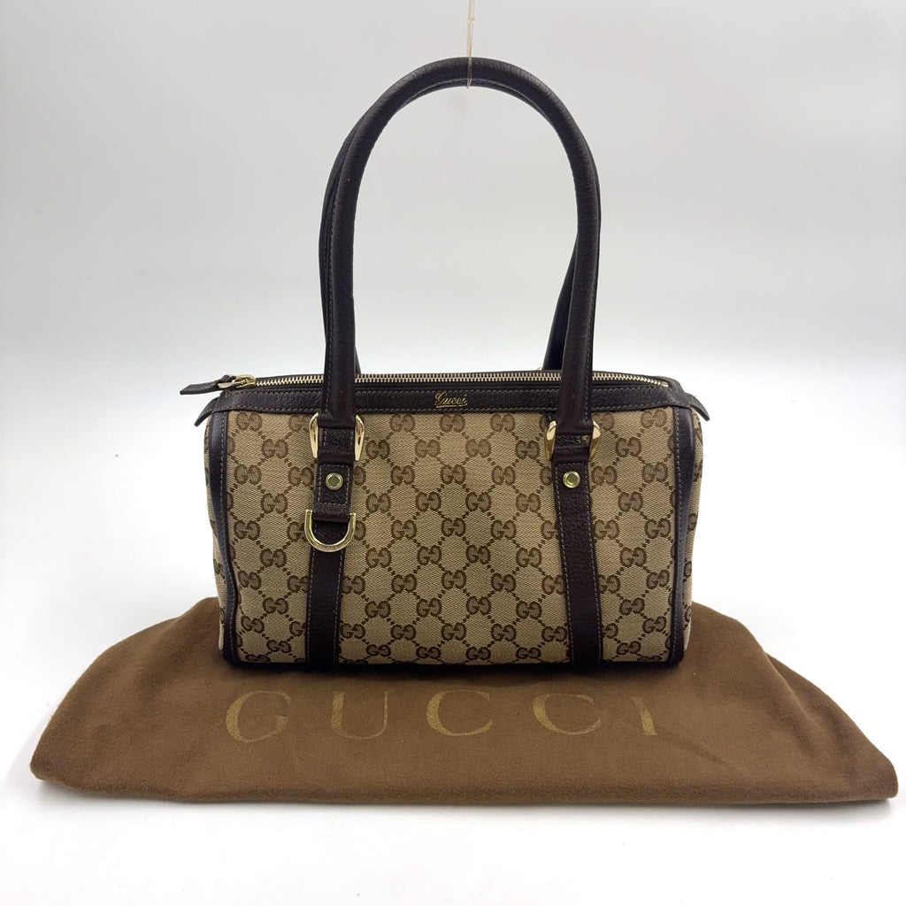 Pre-Owned Abby Handbag Dark brown beige Leather Canvas Gold 130942 GUCCI