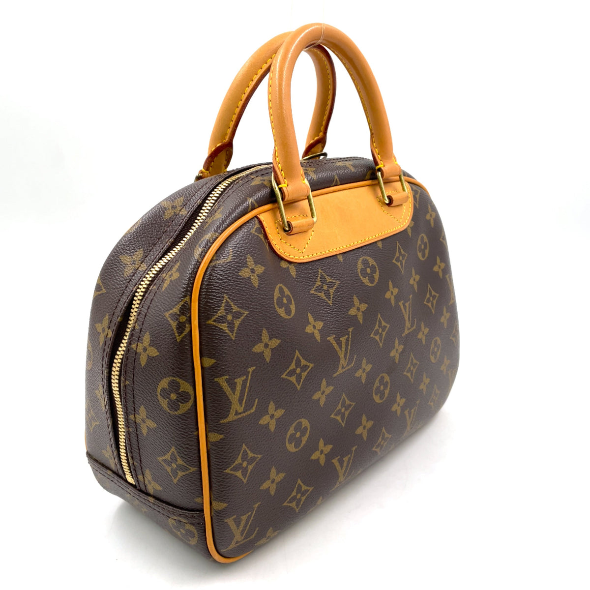 Pre-Owned Deauville Bowling Vanity monogram Handbag Brown Leather PVC Gold M47270 LOUIS VUITTON