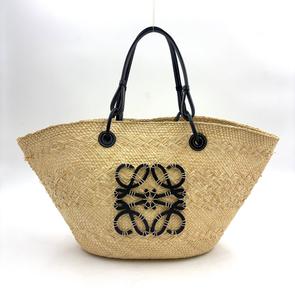 Pre-Owned anagram Medium basket tote bag black beige Leather Raffia LOEWE