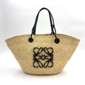 Pre-Owned anagram Medium basket tote bag black beige Leather Raffia LOEWE