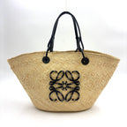 Pre-Owned anagram Medium basket tote bag black beige Leather Raffia LOEWE