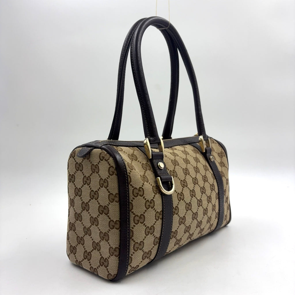 Pre-Owned Abby Handbag Dark brown beige Leather Canvas Gold 130942 GUCCI