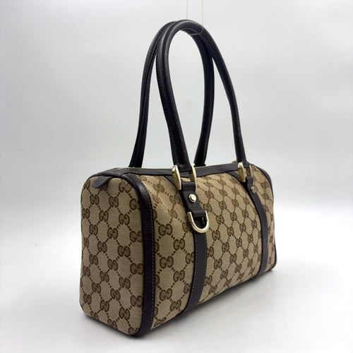 Pre-Owned Abby Handbag Dark brown beige Leather Canvas Gold 130942 GUCCI