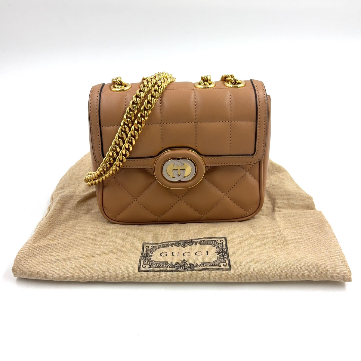 Pre-Owned Deco mini quilting chain Shoulder bag beige Leather Gold 741457 GUCCI
