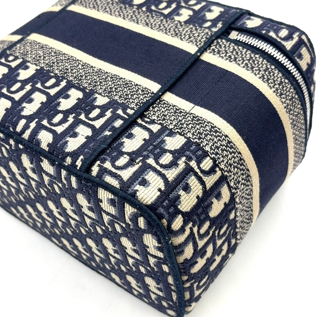Pre-Owned DiorTravel Vanity Handbag off white Navy Cotton Silver Christian Dior