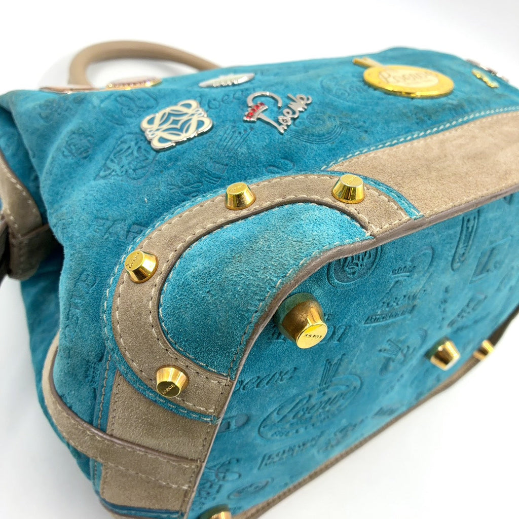 Pre-Owned 160th anniversary logo badge Suede Handbag blue Leather Suede Gold LOEWE