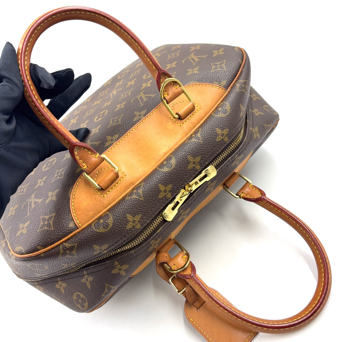 Pre-Owned Deauville Bowling Vanity monogram Handbag Brown light brown Leather PVC Gold M47270 LOUIS VUITTON