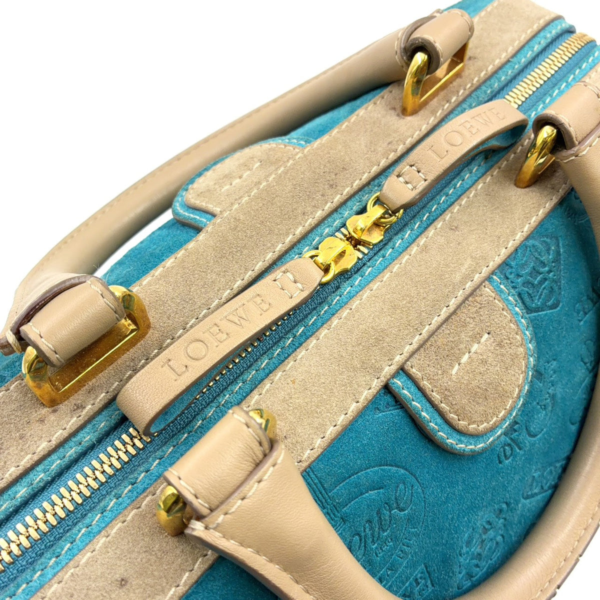 Pre-Owned 160th anniversary logo badge Suede Handbag blue Leather Suede Gold LOEWE