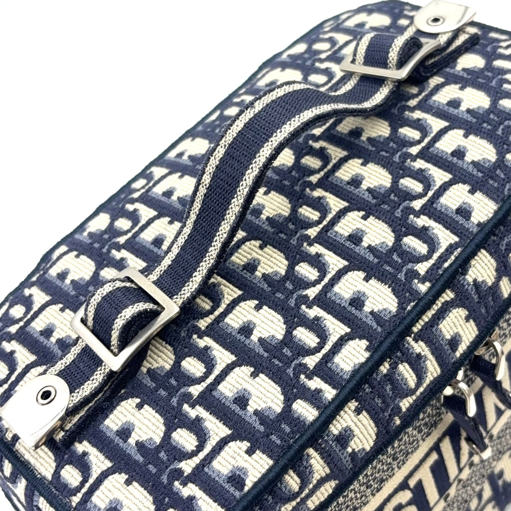 Pre-Owned DiorTravel Vanity Handbag off white Navy Cotton Silver Christian Dior