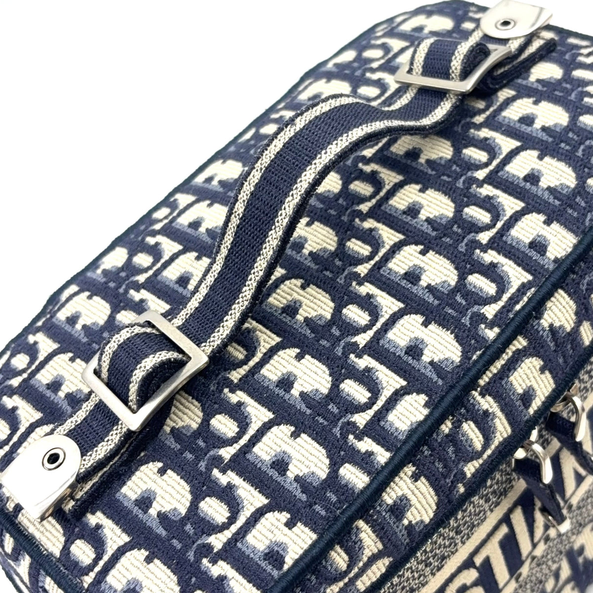 Pre-Owned DiorTravel Vanity Handbag off white Navy Cotton Silver Christian Dior
