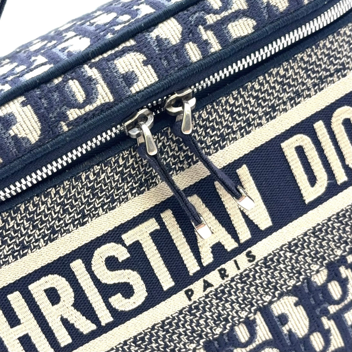 Pre-Owned DiorTravel Vanity Handbag off white Navy Cotton Silver Christian Dior