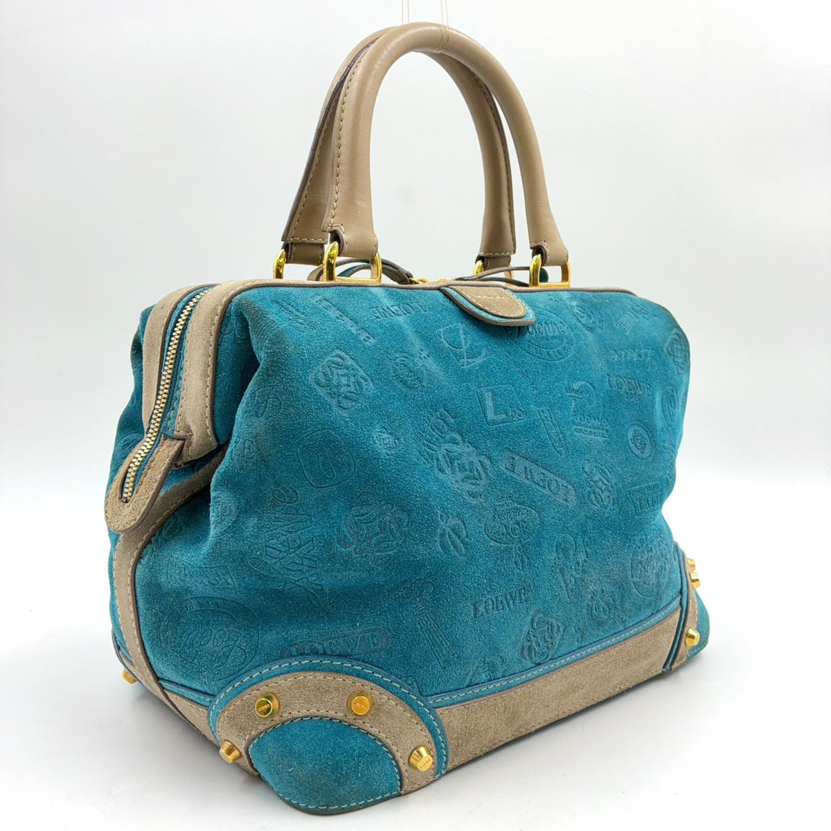 Pre-Owned 160th anniversary logo badge Suede Handbag blue Leather Suede Gold LOEWE