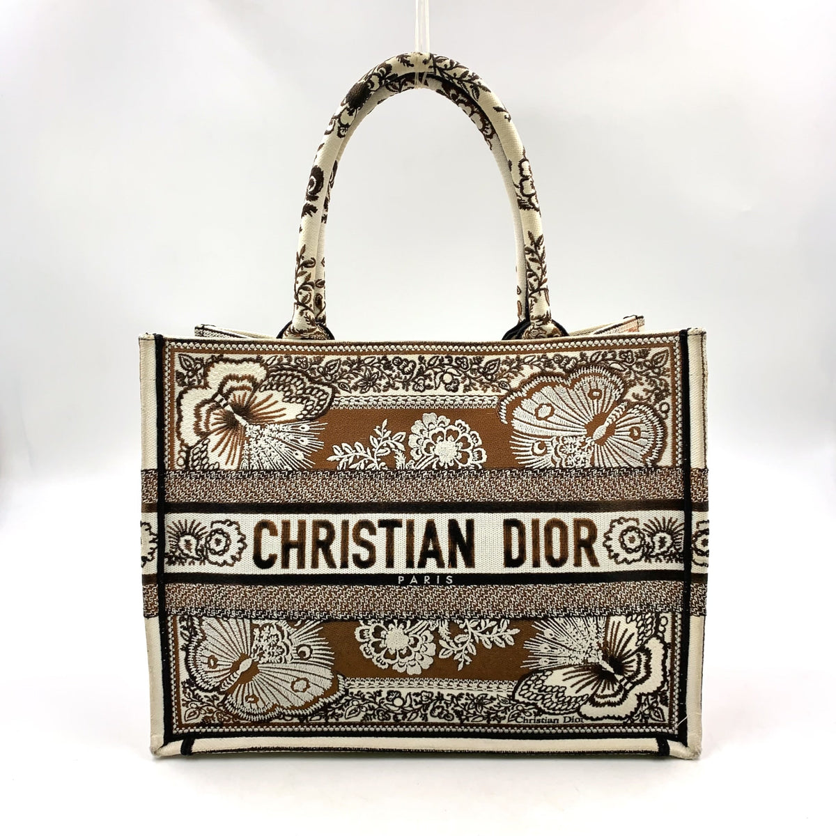 Pre-Owned book butterfly embroidery tote bag ivory Dark brown Brown Canvas Christian Dior