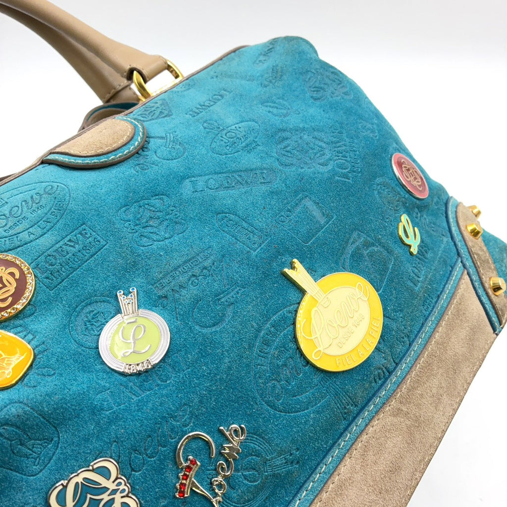 Pre-Owned 160th anniversary logo badge Suede Handbag blue Leather Suede Gold LOEWE
