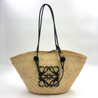 Pre-Owned anagram Medium basket tote bag black beige Leather Raffia LOEWE