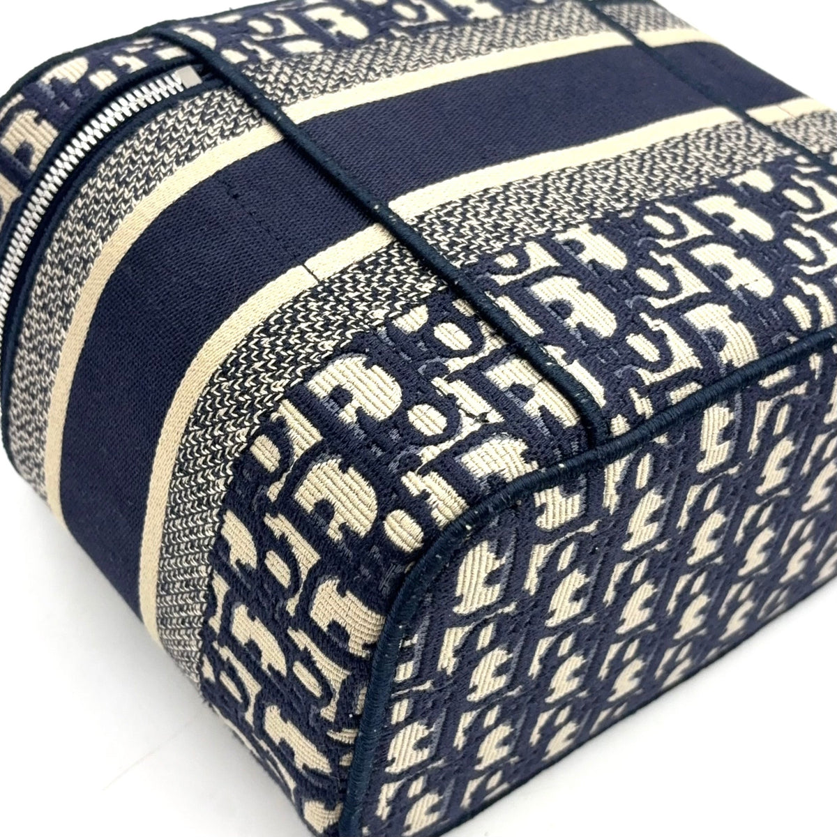 Pre-Owned DiorTravel Vanity Handbag off white Navy Cotton Silver Christian Dior