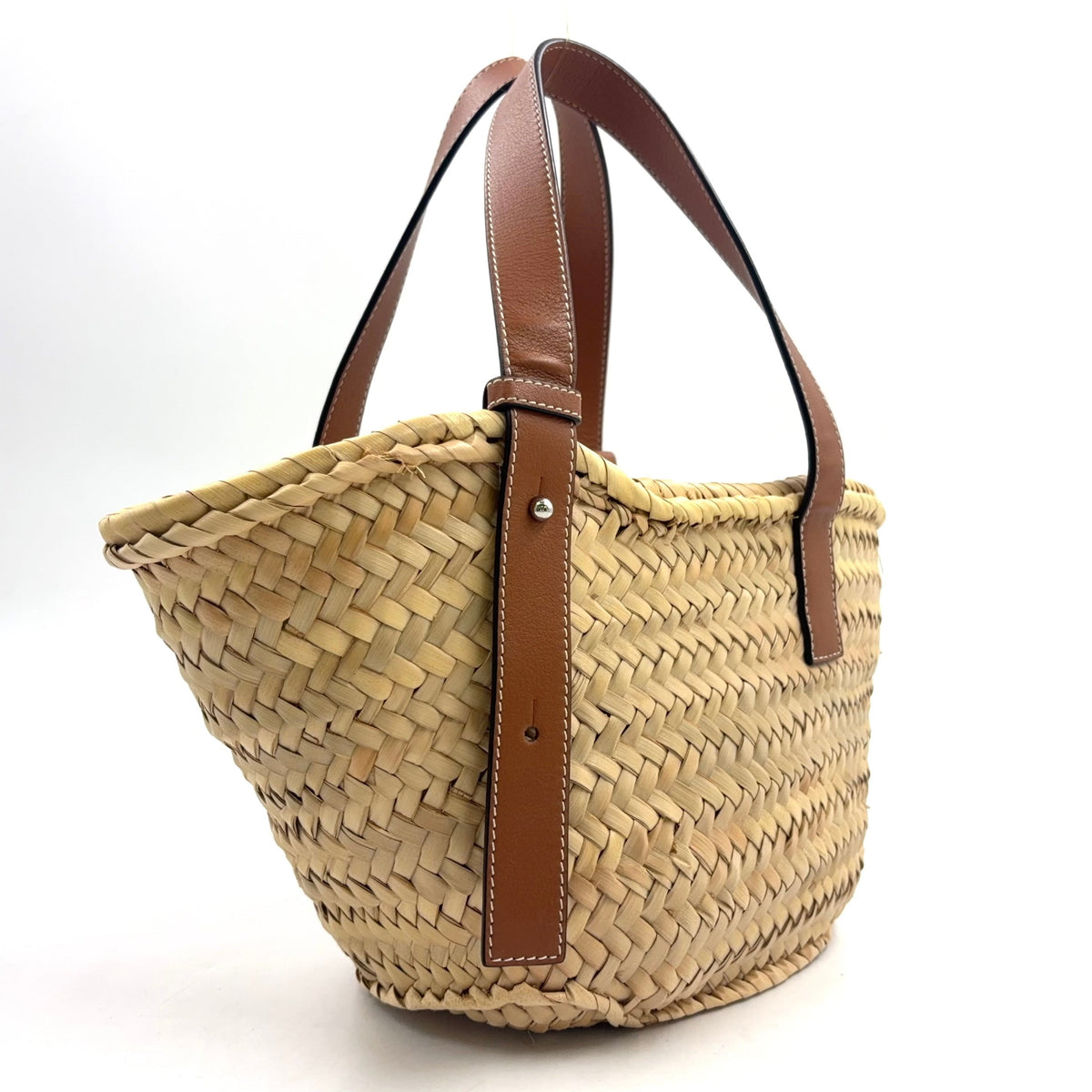 Pre-Owned basket bag Small Handbag Brown light beige Leather Raffia Silver LOEWE