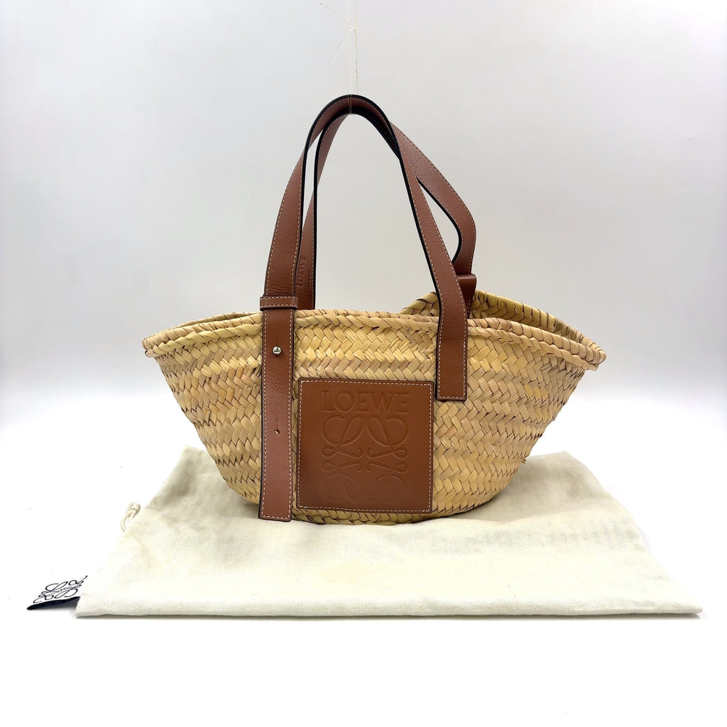 Pre-Owned anagram Bucket Handbag tote bag Brown beige Leather Raffia Silver LOEWE